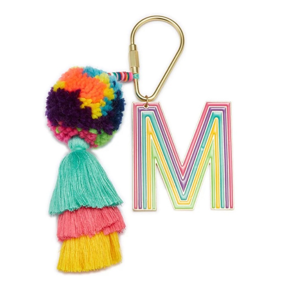 NWT Enamel "M" with Multi RubberDisk withMulti Large Pom & StackedTasselKeychain